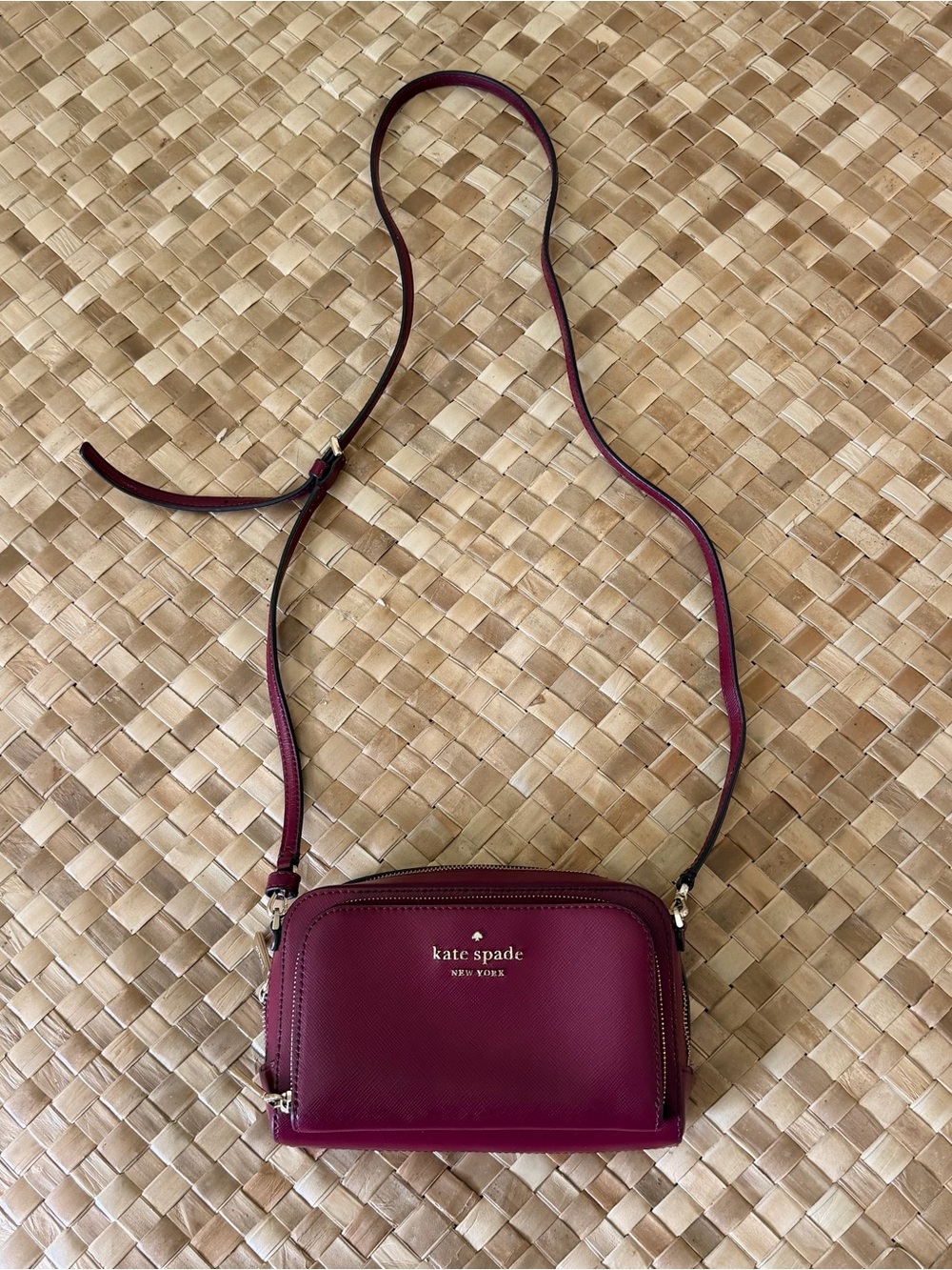 Kate Spade New York Burgundy Double Zip Crossbody Camera Bag Purse
